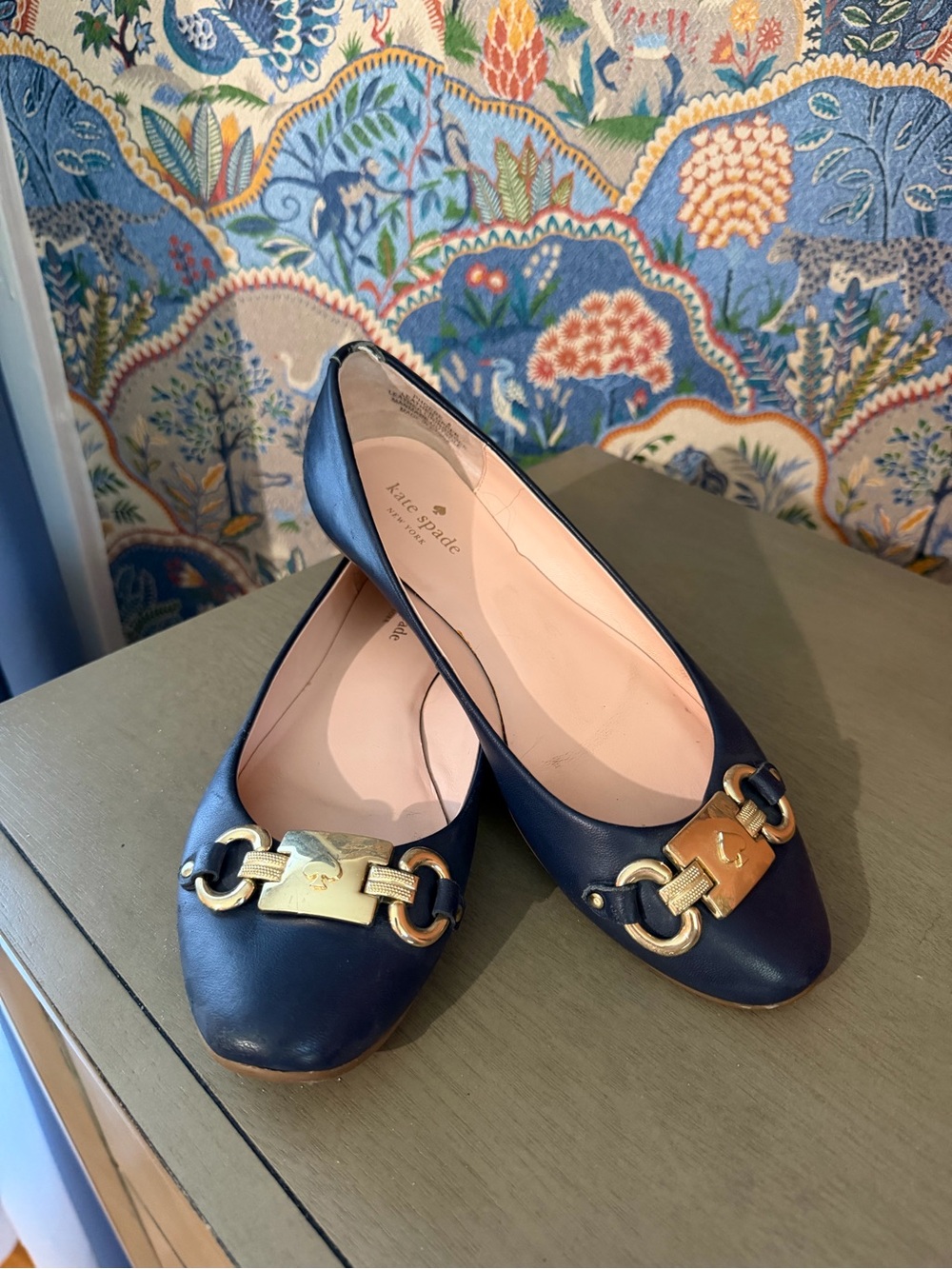 kate spade Navy Leather Ballet Flats with Gold Chain Plaque